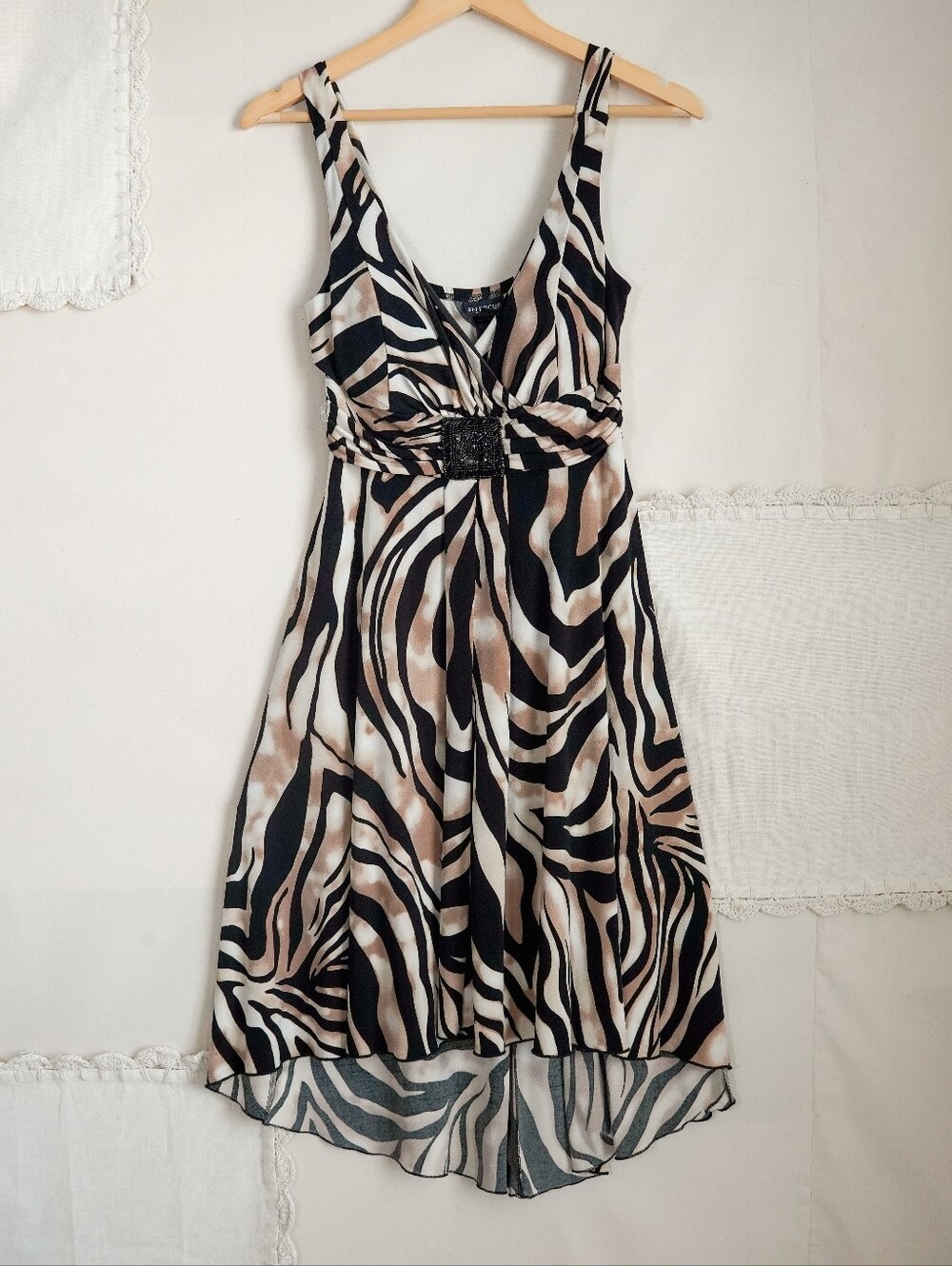 En Focus Petite Zebra Animal Print Beaded High Low Dress Size 8P
